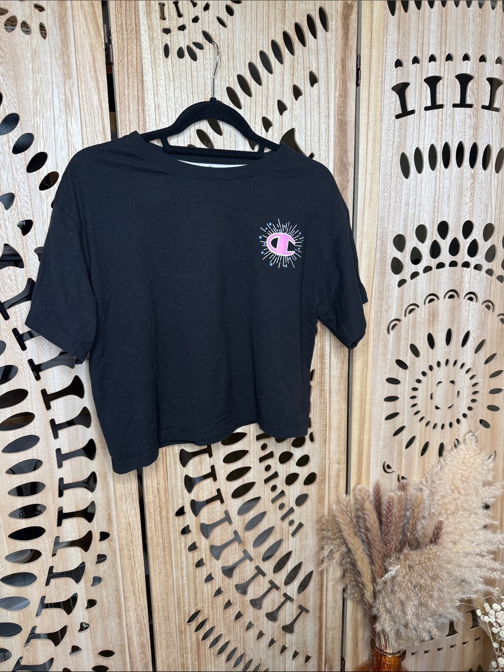 Champion Black Cropped Tee with Pink Emblem